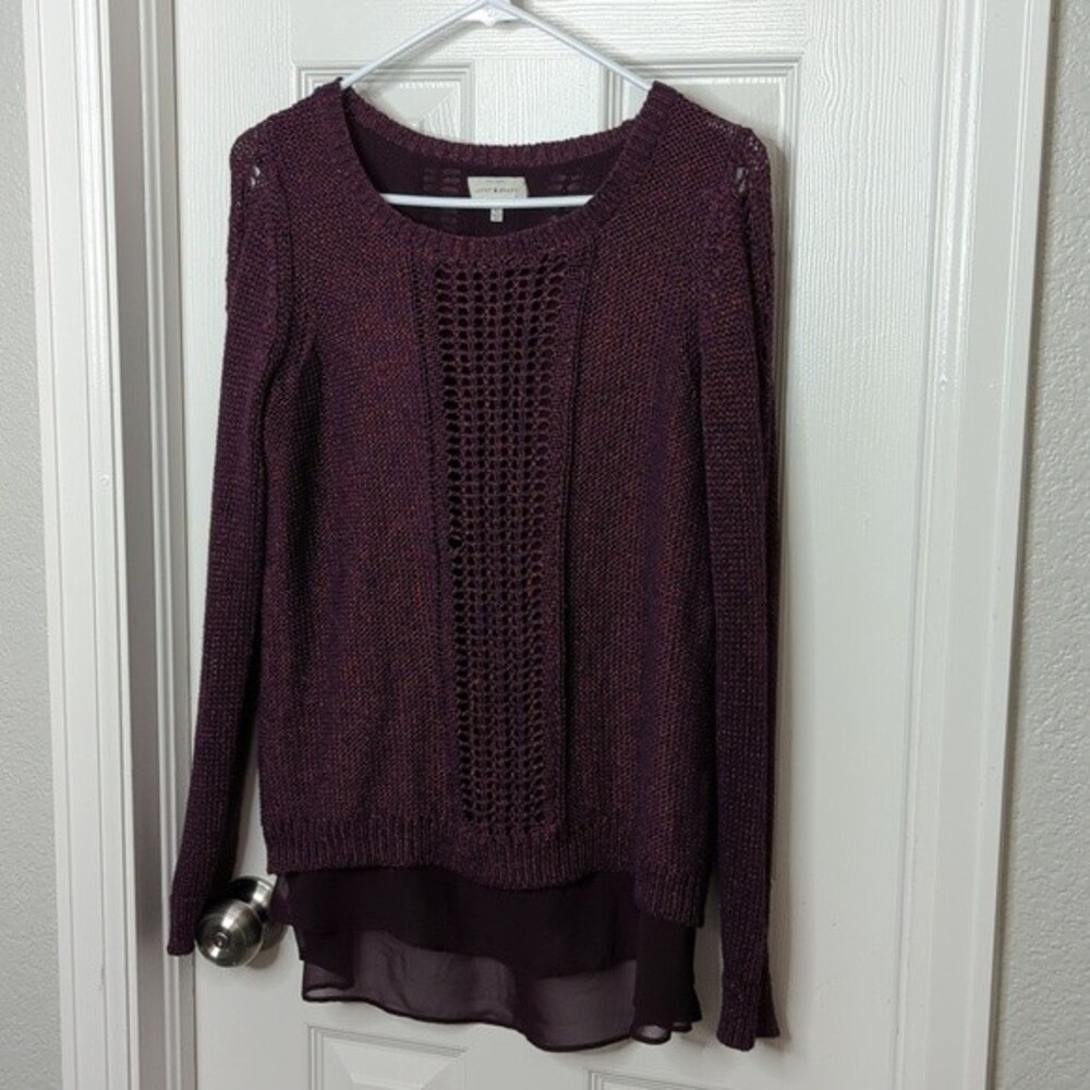 Lucky Brand Knit Chiffon Layered Pullover Sweater Purple Metallic Size L